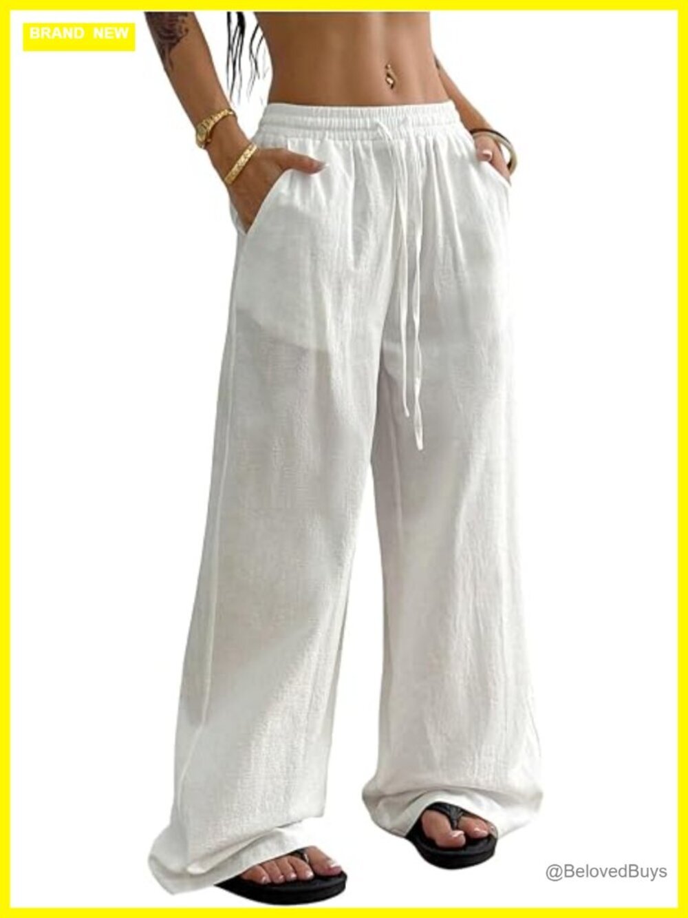Women's Linen Wide Leg Pants Elastic Boho Baggy Casual Lounge Beach Travel